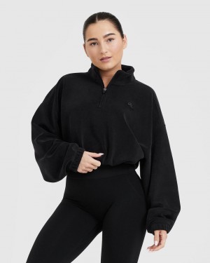 Black Oner Active Fleece Oversized Crop 1/2 Zip Sweatshirts | 32801ROUX