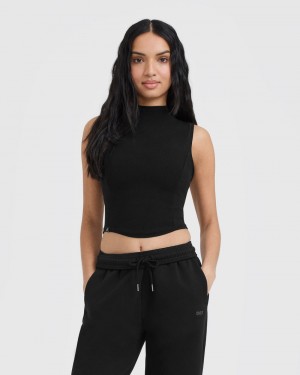 Black Oner Active Mellow Rib Mid Mock Neck Tank T Shirts | 53201NVUP