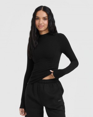 Black Oner Active Mellow Rib Mock Neck Long Sleeve T Shirts | 10238MCYR