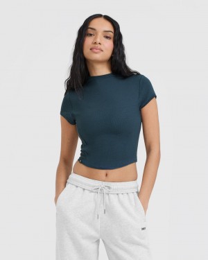 Blue Oner Active Mellow Rib Mid Mock Neck T Shirts | 20413HURO