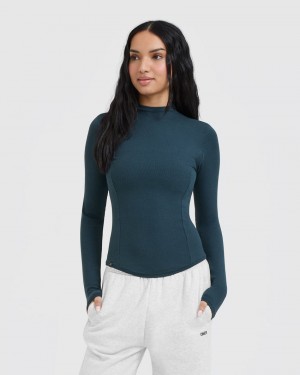 Blue Oner Active Mellow Rib Mock Neck Long Sleeve T Shirts | 60459RWOC