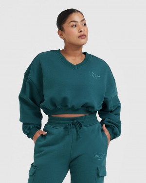 Blue / Turquoise Oner Active All Day Est 2020 Crop V-Neck Sweatshirts | 73985FICD