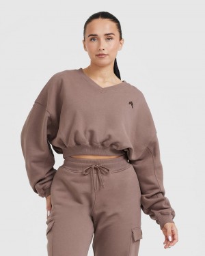 Brown Oner Active All Day Lightweight Oversized V-Neck Sweatshirts | 59648UOFG