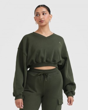 Khaki Oner Active All Day Lightweight Oversized V-Neck Sweatshirts | 54902LEQD