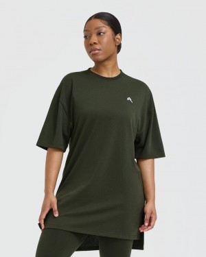 Khaki Oner Active Classic Oversized Longline T Shirts | 12690THDX