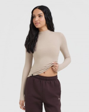 Light Brown Oner Active Mellow Rib Mock Neck Long Sleeve T Shirts | 74153KTMV