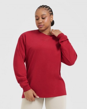 Red / Burgundy Oner Active Classic Mirror Graphic Oversized Long Sleeve T Shirts | 09254DSGL