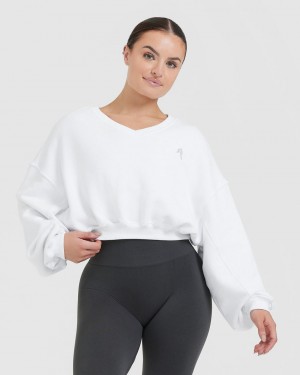 White Oner Active All Day Lightweight Oversized V-Neck Sweatshirts | 71345PUKD