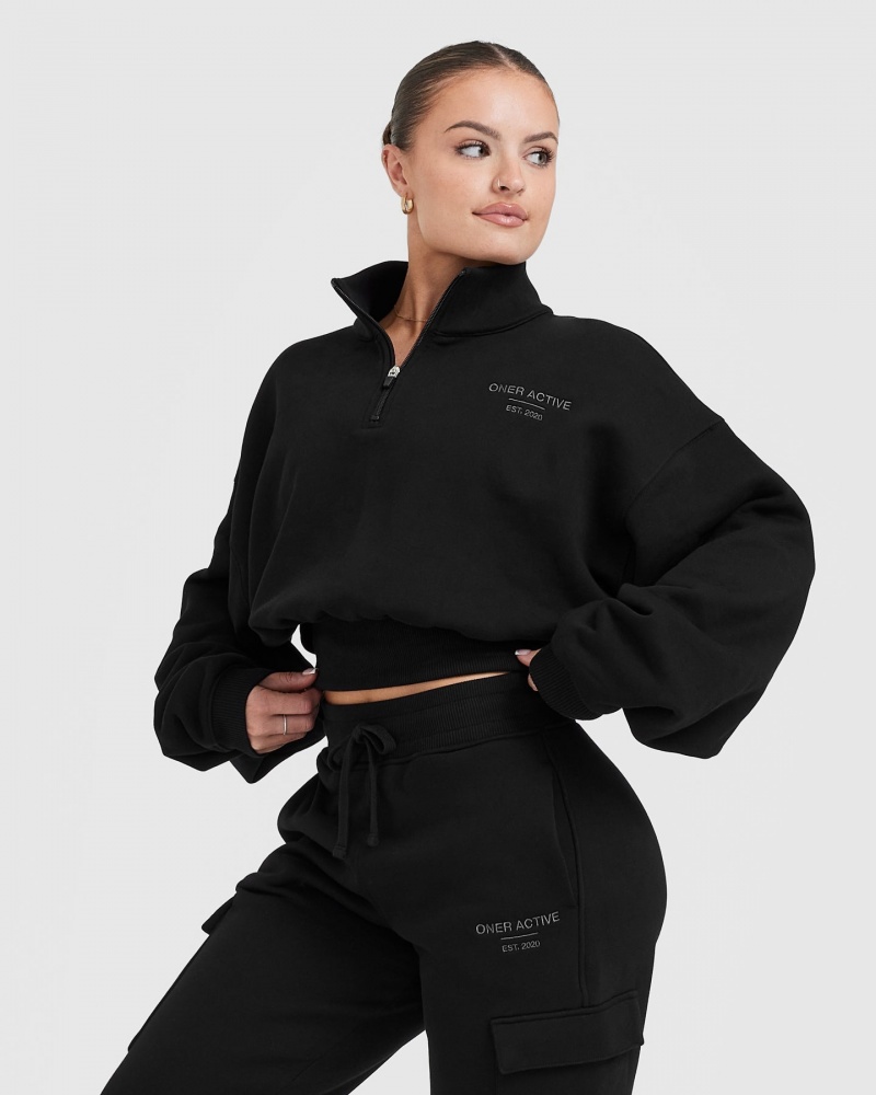 Black Oner Active All Day Est 2020 Crop 1/4 Zip Sweatshirts | 30758TCSQ