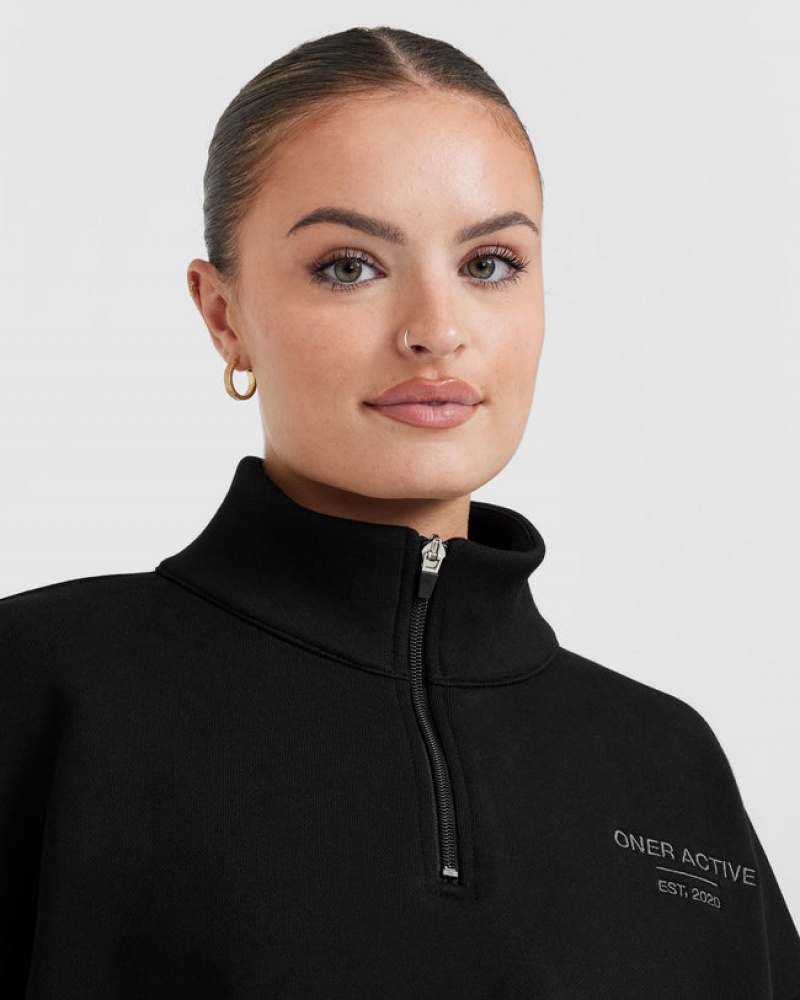 Black Oner Active All Day Est 2020 Crop 1/4 Zip Sweatshirts | 30758TCSQ