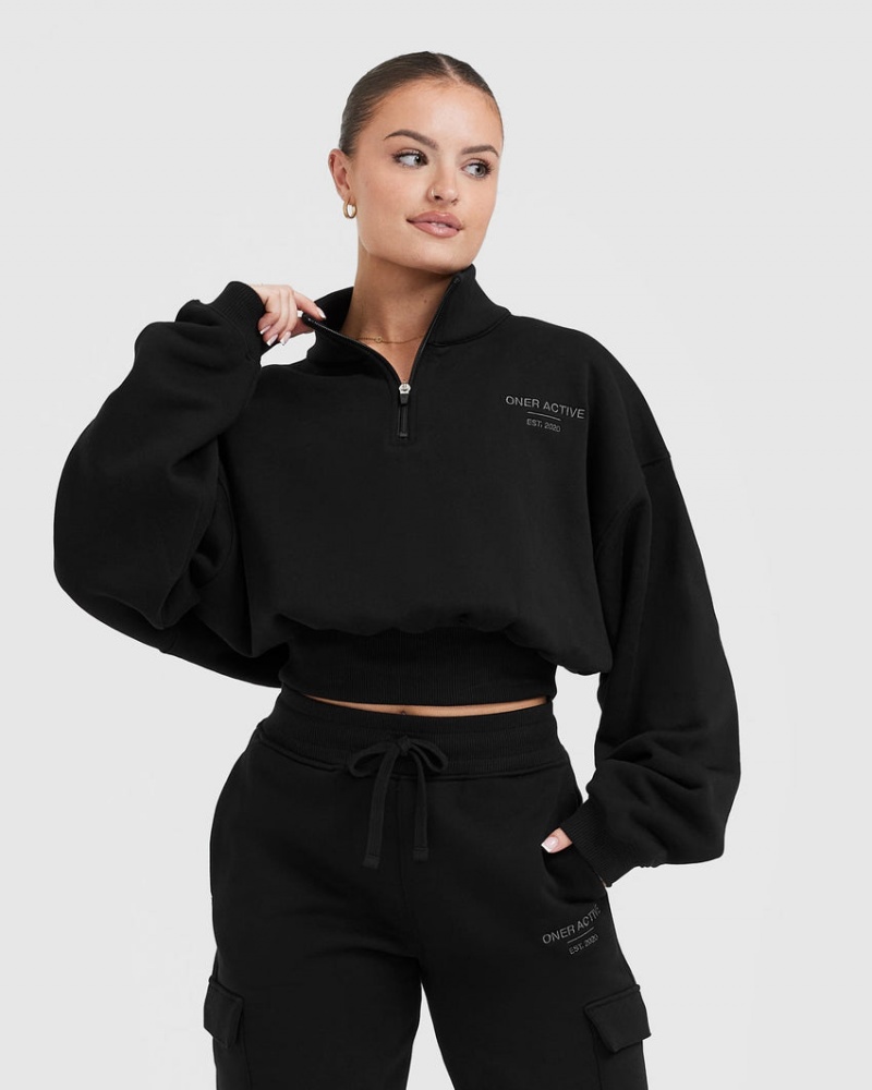 Black Oner Active All Day Est 2020 Crop 1/4 Zip Sweatshirts | 30758TCSQ