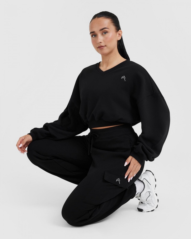 Black Oner Active All Day Lightweight Oversized V-Neck Sweatshirts | 10735SWTD