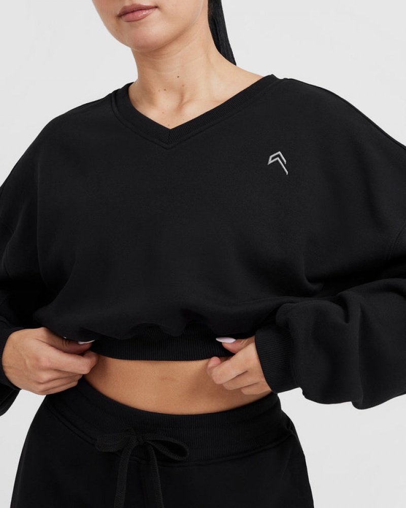 Black Oner Active All Day Lightweight Oversized V-Neck Sweatshirts | 10735SWTD