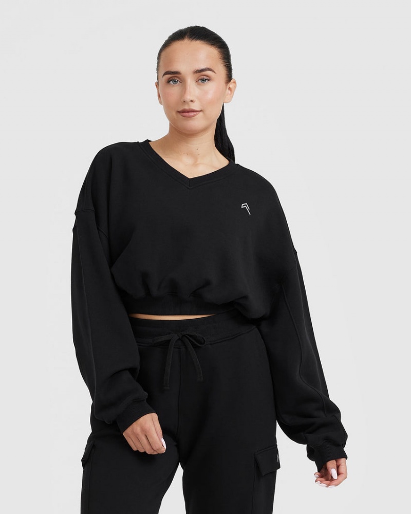 Black Oner Active All Day Lightweight Oversized V-Neck Sweatshirts | 10735SWTD