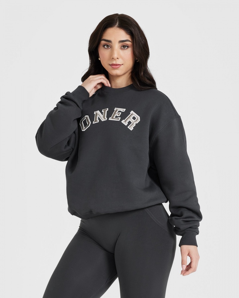 Black Oner Active All Day Varsity Oversized Sweatshirts | 50174TZPE