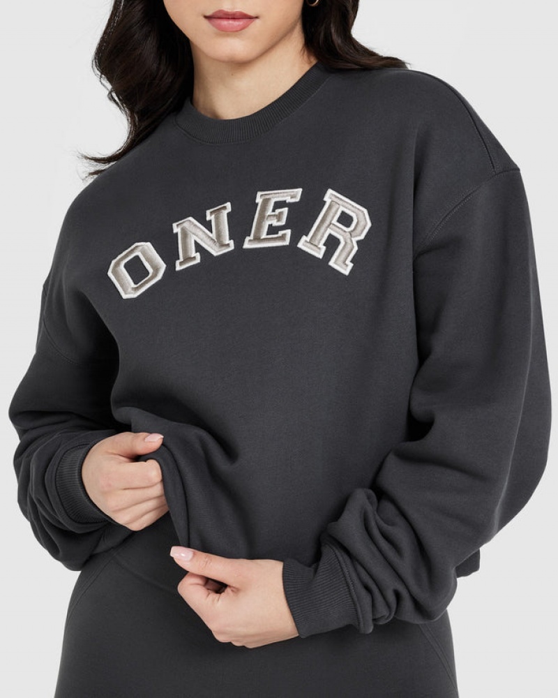 Black Oner Active All Day Varsity Oversized Sweatshirts | 50174TZPE