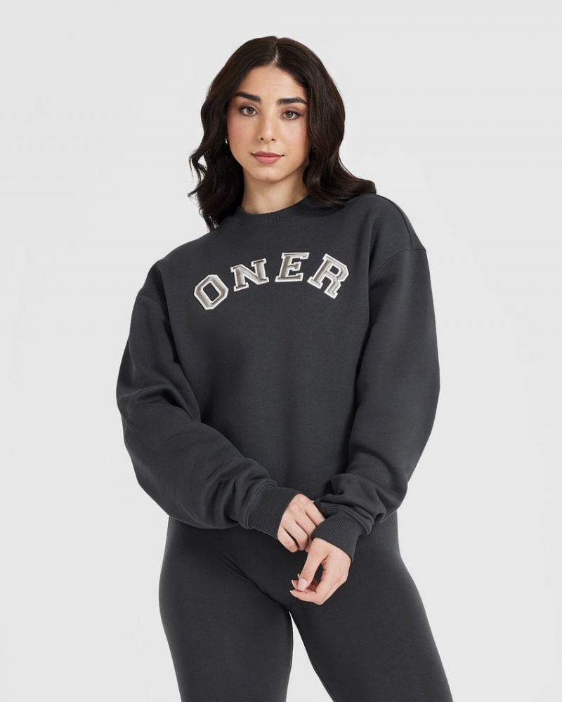 Black Oner Active All Day Varsity Oversized Sweatshirts | 50174TZPE