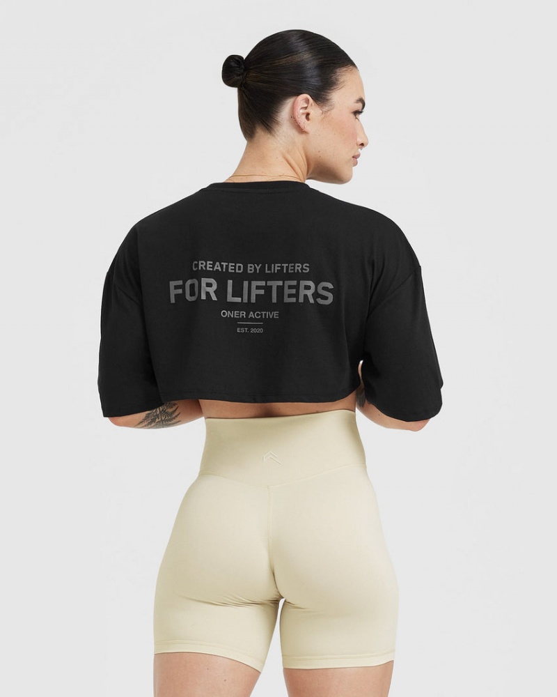 Black Oner Active Classic Lifters Graphic Relaxed Crop Lightweight T Shirts | 57684VCLU