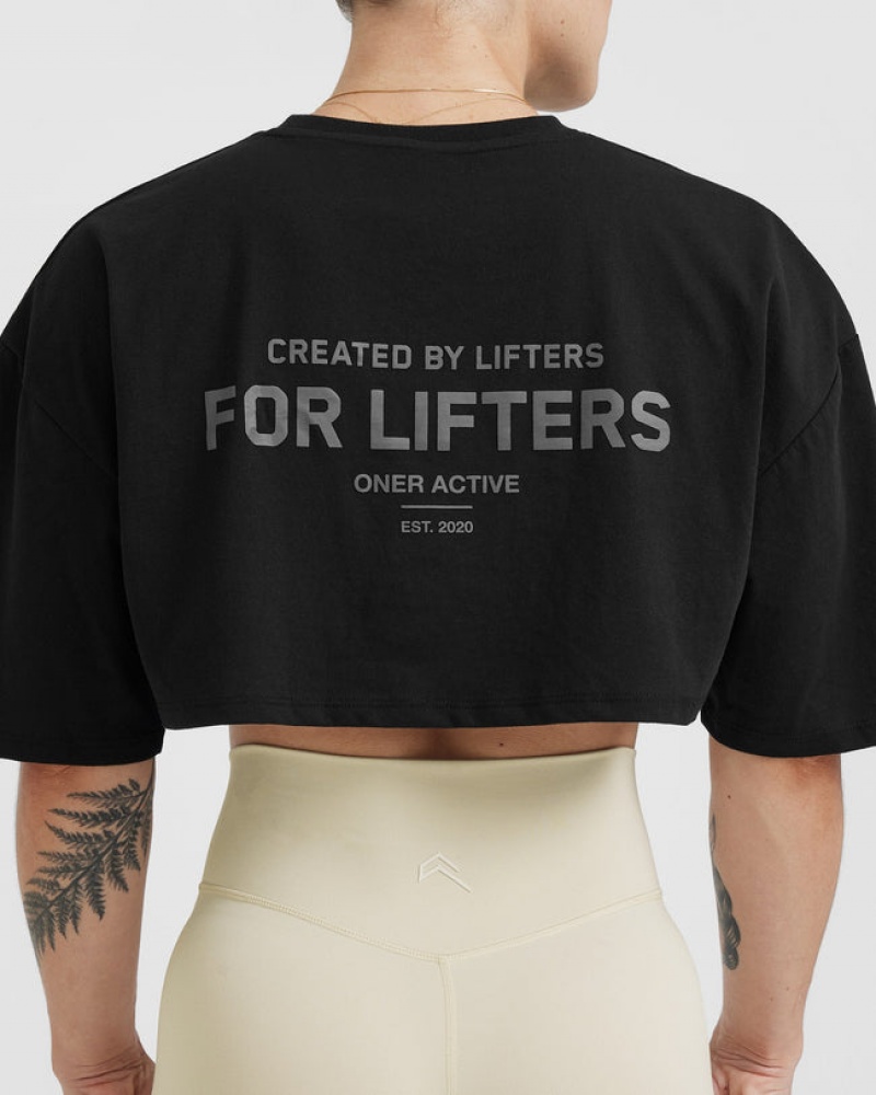 Black Oner Active Classic Lifters Graphic Relaxed Crop Lightweight T Shirts | 57684VCLU