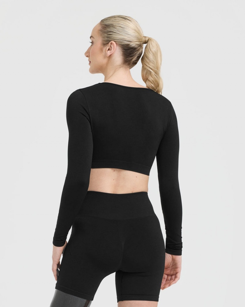 Black Oner Active Effortless Square Neck Crop Long Sleeve T Shirts | 08417QRDU