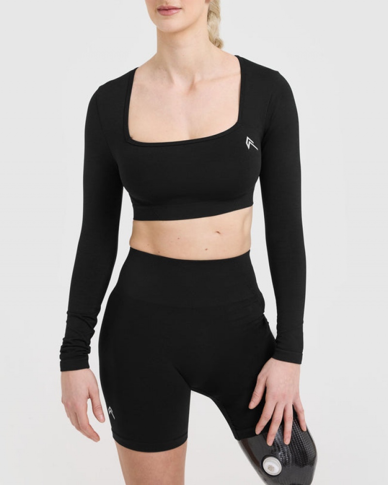 Black Oner Active Effortless Square Neck Crop Long Sleeve T Shirts | 08417QRDU