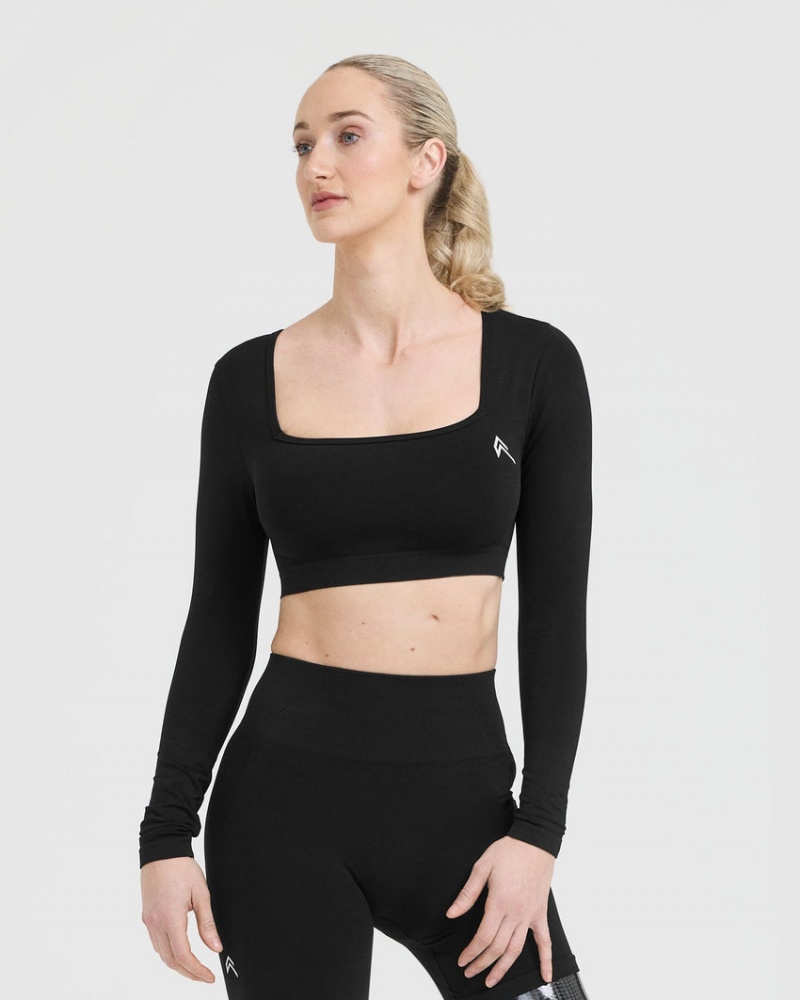 Black Oner Active Effortless Square Neck Crop Long Sleeve T Shirts | 08417QRDU