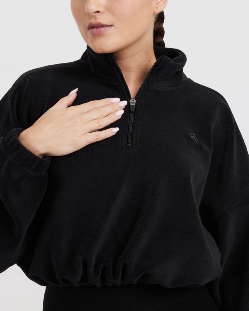 Black Oner Active Fleece Oversized Crop 1/2 Zip Sweatshirts | 32801ROUX