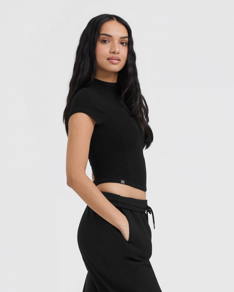 Black Oner Active Mellow Rib Mid Mock Neck T Shirts | 47396TQEJ