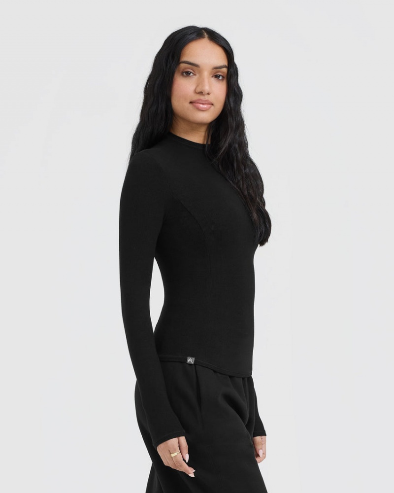 Black Oner Active Mellow Rib Mock Neck Long Sleeve T Shirts | 10238MCYR