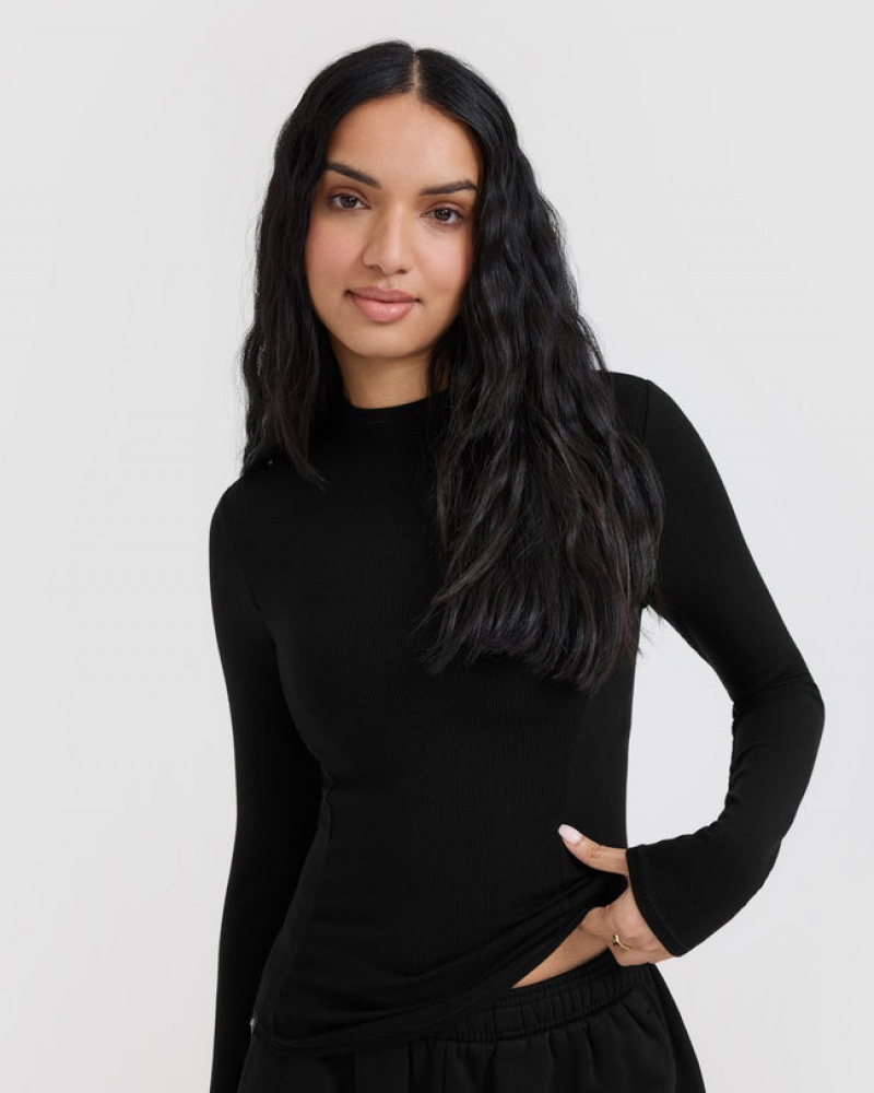 Black Oner Active Mellow Rib Mock Neck Long Sleeve T Shirts | 10238MCYR