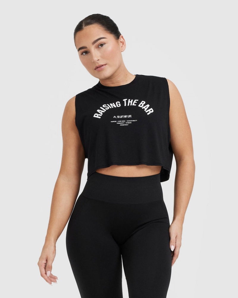 Black Oner Active Raising The Bar Graphic Muscle Crop T Shirts | 19634QCTA