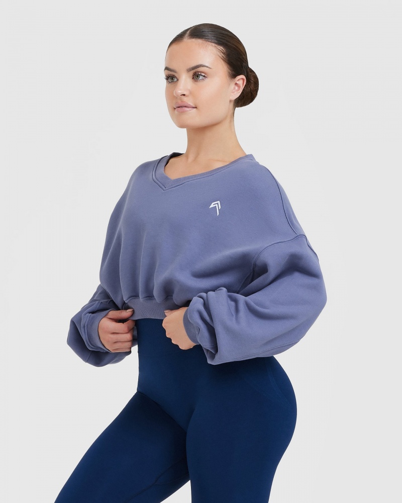 Blue Oner Active All Day Lightweight Oversized V-Neck Sweatshirts | 03754SELI