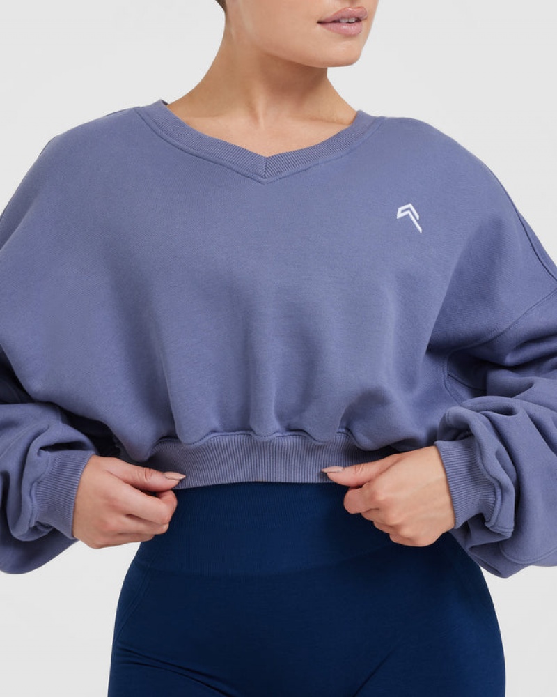 Blue Oner Active All Day Lightweight Oversized V-Neck Sweatshirts | 03754SELI