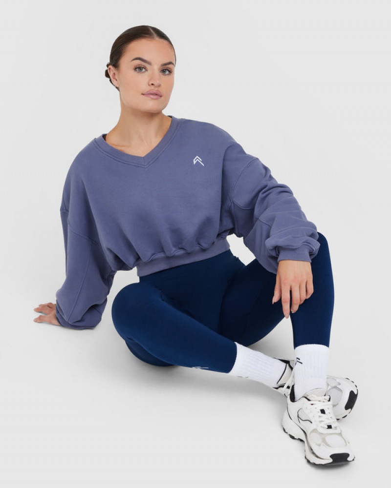 Blue Oner Active All Day Lightweight Oversized V-Neck Sweatshirts | 03754SELI