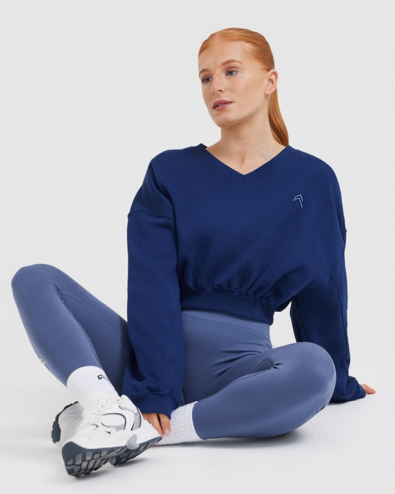 Blue Oner Active All Day Lightweight Oversized V-Neck Sweatshirts | 60578QFIX