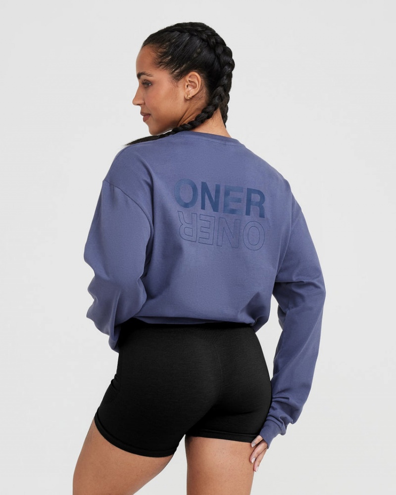 Blue Oner Active Classic Mirror Graphic Oversized Long Sleeve T Shirts | 32046GPVY