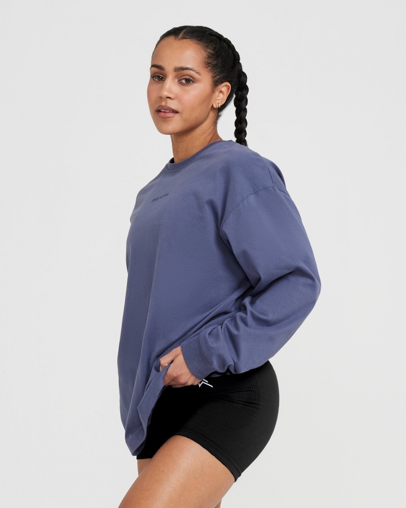 Blue Oner Active Classic Mirror Graphic Oversized Long Sleeve T Shirts | 32046GPVY