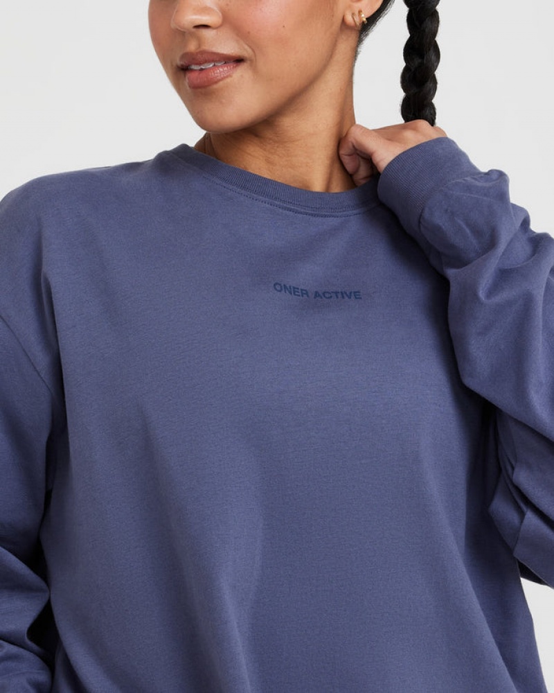 Blue Oner Active Classic Mirror Graphic Oversized Long Sleeve T Shirts | 32046GPVY