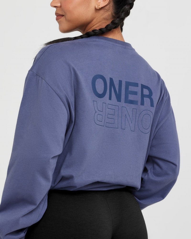 Blue Oner Active Classic Mirror Graphic Oversized Long Sleeve T Shirts | 32046GPVY