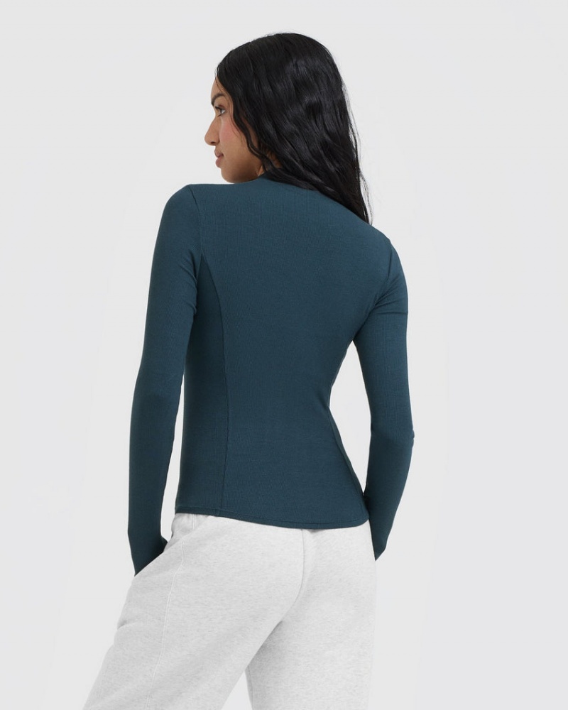 Blue Oner Active Mellow Rib Mock Neck Long Sleeve T Shirts | 60459RWOC