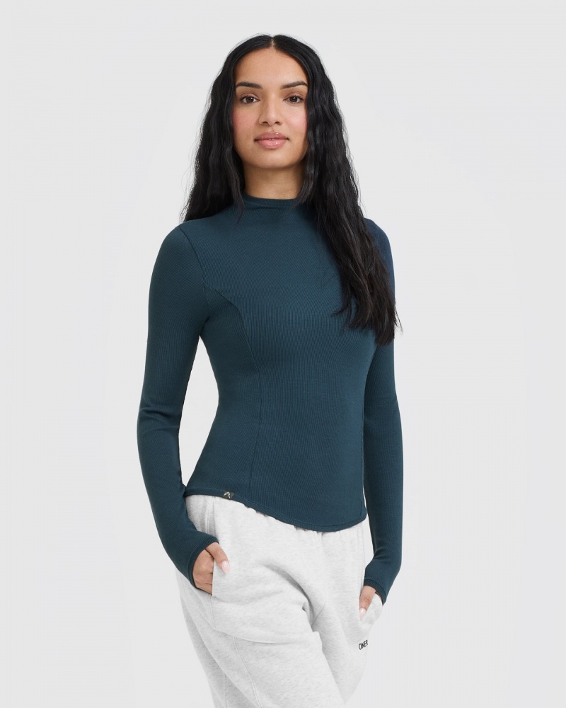 Blue Oner Active Mellow Rib Mock Neck Long Sleeve T Shirts | 60459RWOC