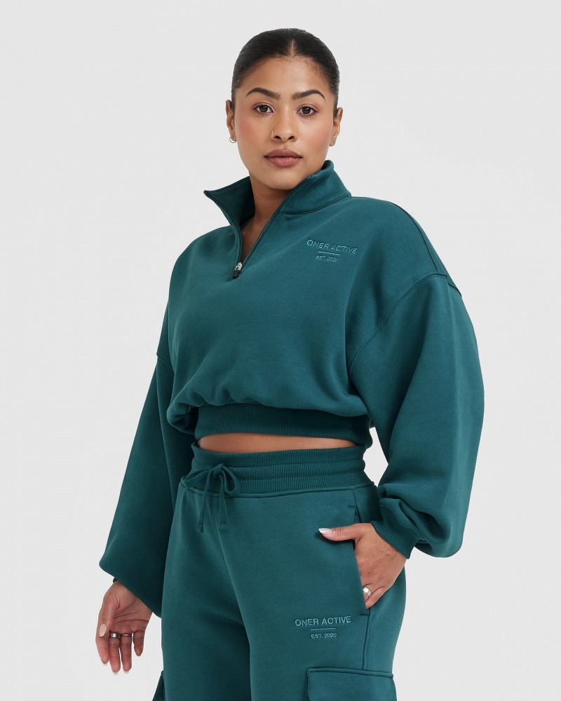 Blue / Turquoise Oner Active All Day Est 2020 Crop 1/4 Zip Sweatshirts | 37415IGWY