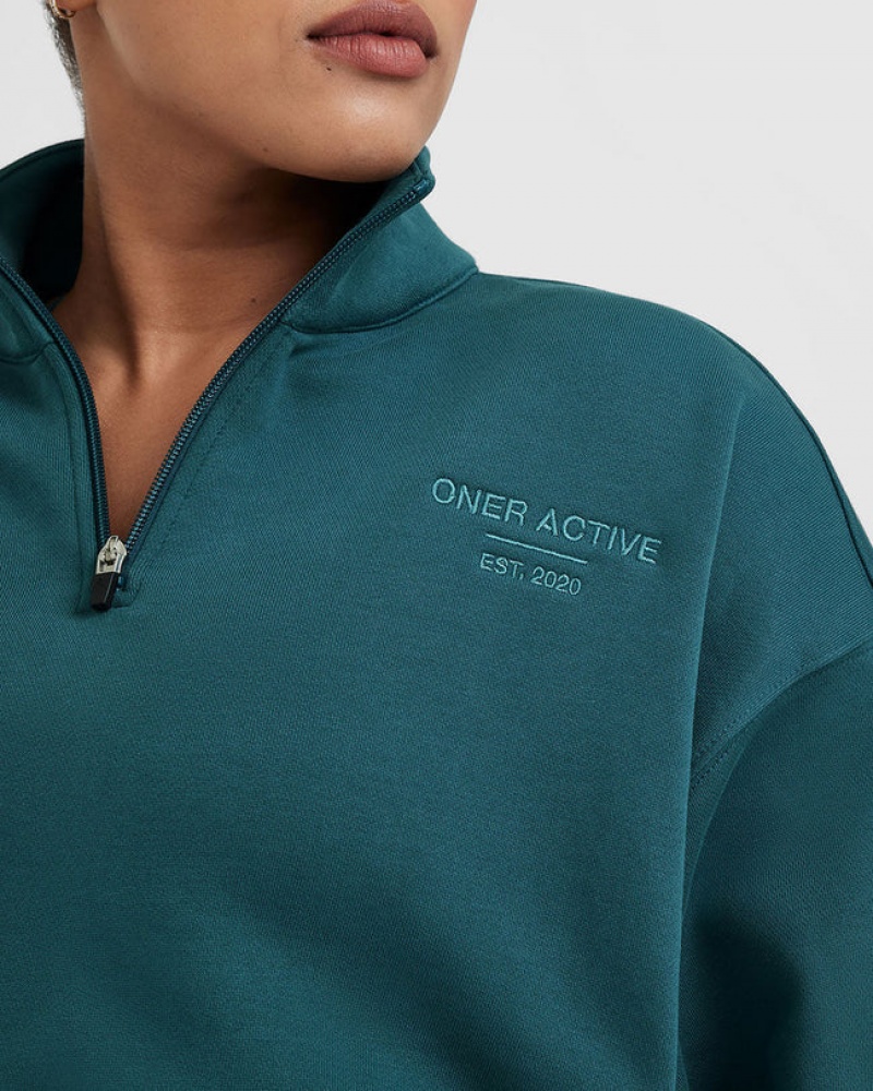 Blue / Turquoise Oner Active All Day Est 2020 Crop 1/4 Zip Sweatshirts | 37415IGWY