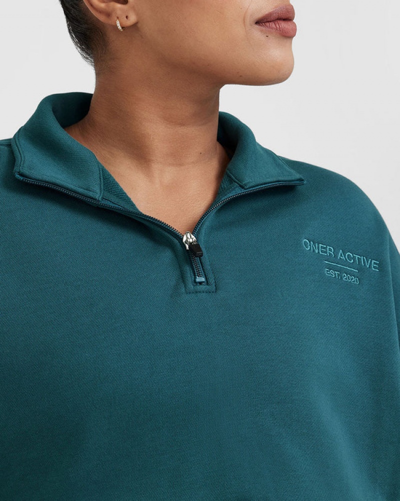 Blue / Turquoise Oner Active All Day Est 2020 Crop 1/4 Zip Sweatshirts | 37415IGWY