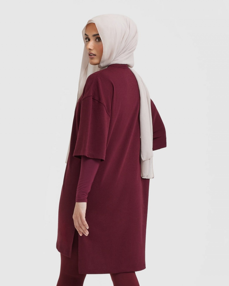 Burgundy Oner Active Classic Oversized Longline T Shirts | 14765DLXW