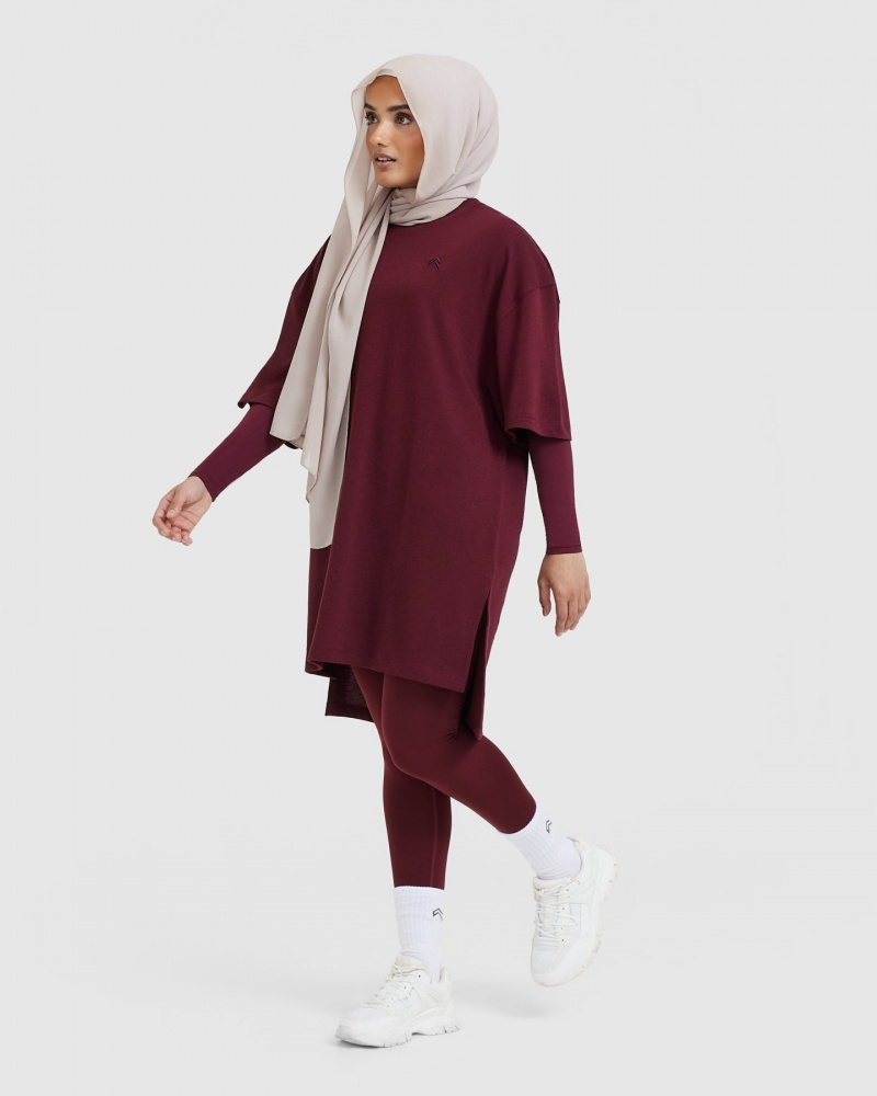 Burgundy Oner Active Classic Oversized Longline T Shirts | 14765DLXW