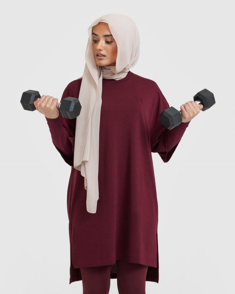 Burgundy Oner Active Classic Oversized Longline T Shirts | 14765DLXW