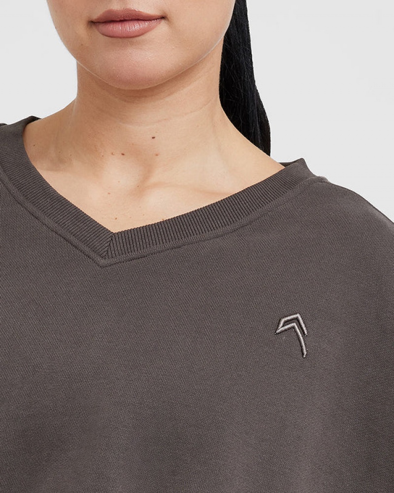 Deep Grey / Brown Oner Active All Day Lightweight Oversized V-Neck Sweatshirts | 37149VMUS