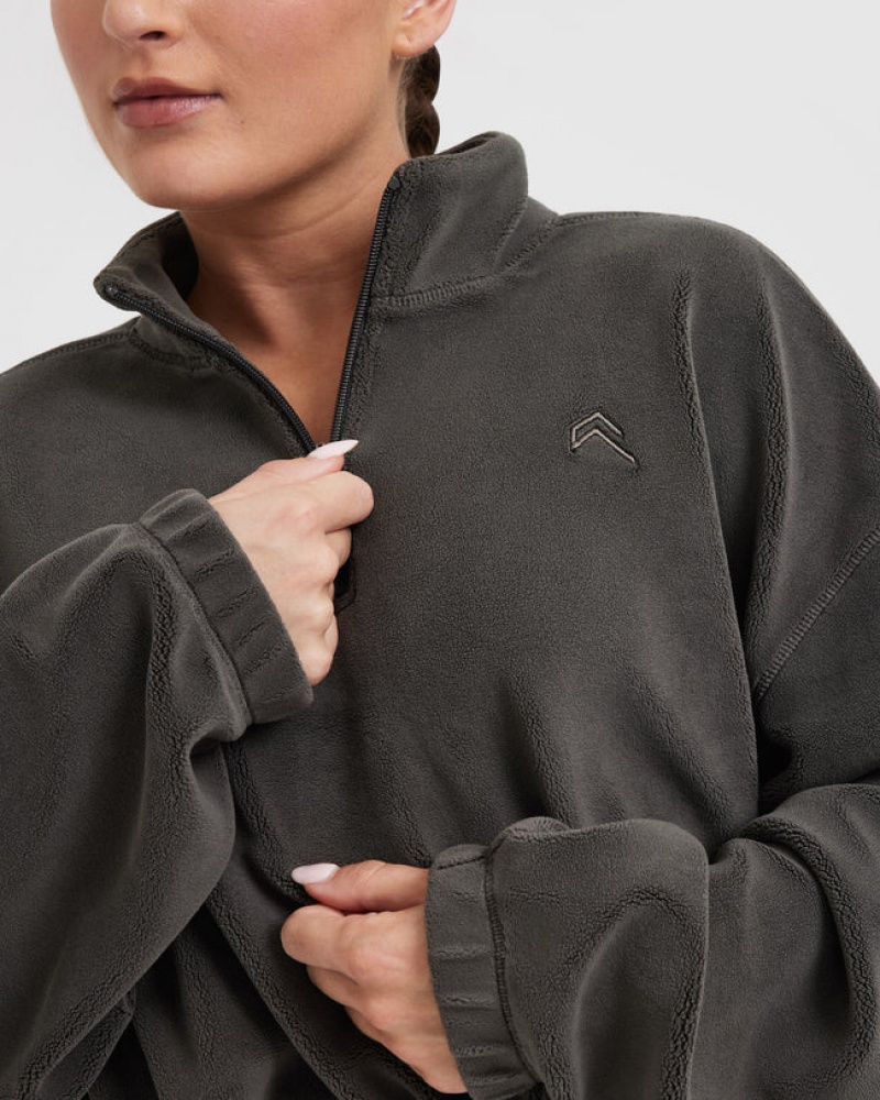 Deep Grey / Brown Oner Active Fleece Oversized Crop 1/2 Zip Sweatshirts | 70412QIJF