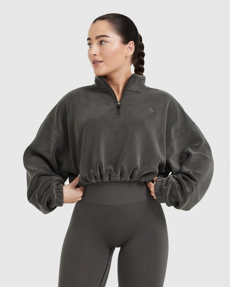 Deep Grey / Brown Oner Active Fleece Oversized Crop 1/2 Zip Sweatshirts | 70412QIJF